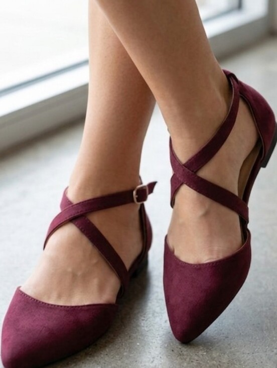 Journee Collection Shoes - Burgundy Pointed Toe Criss Cross Strappy D'Orsay Flats Size 7 Journee Collection